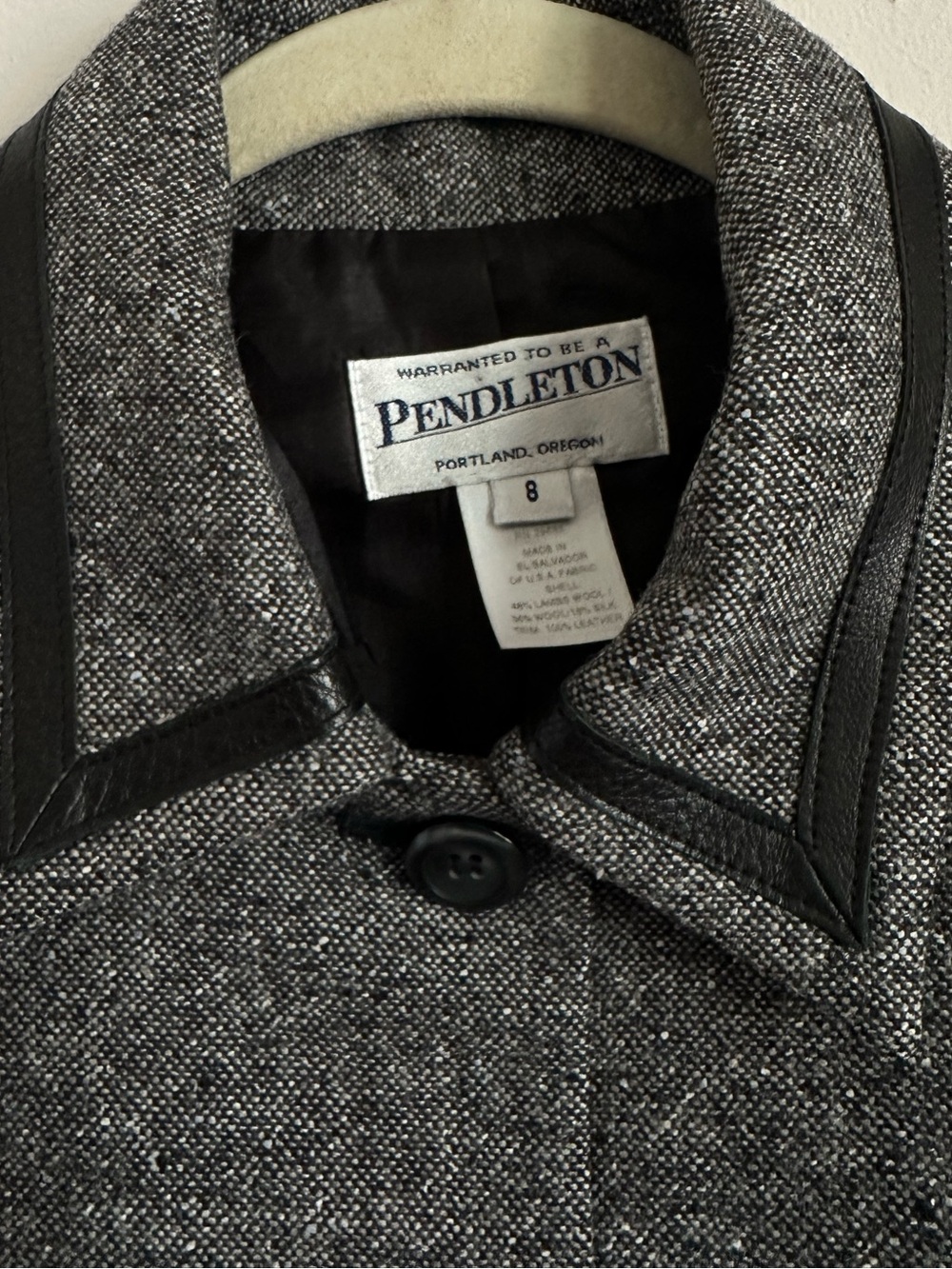 Pendleton Wool Silk Leather Trim Blazer Jacket Size 8 Black White Tweed - Picture 5 of 15